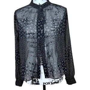 FOREVER 21 black blouse floral sheer  button up long sleeve top size S